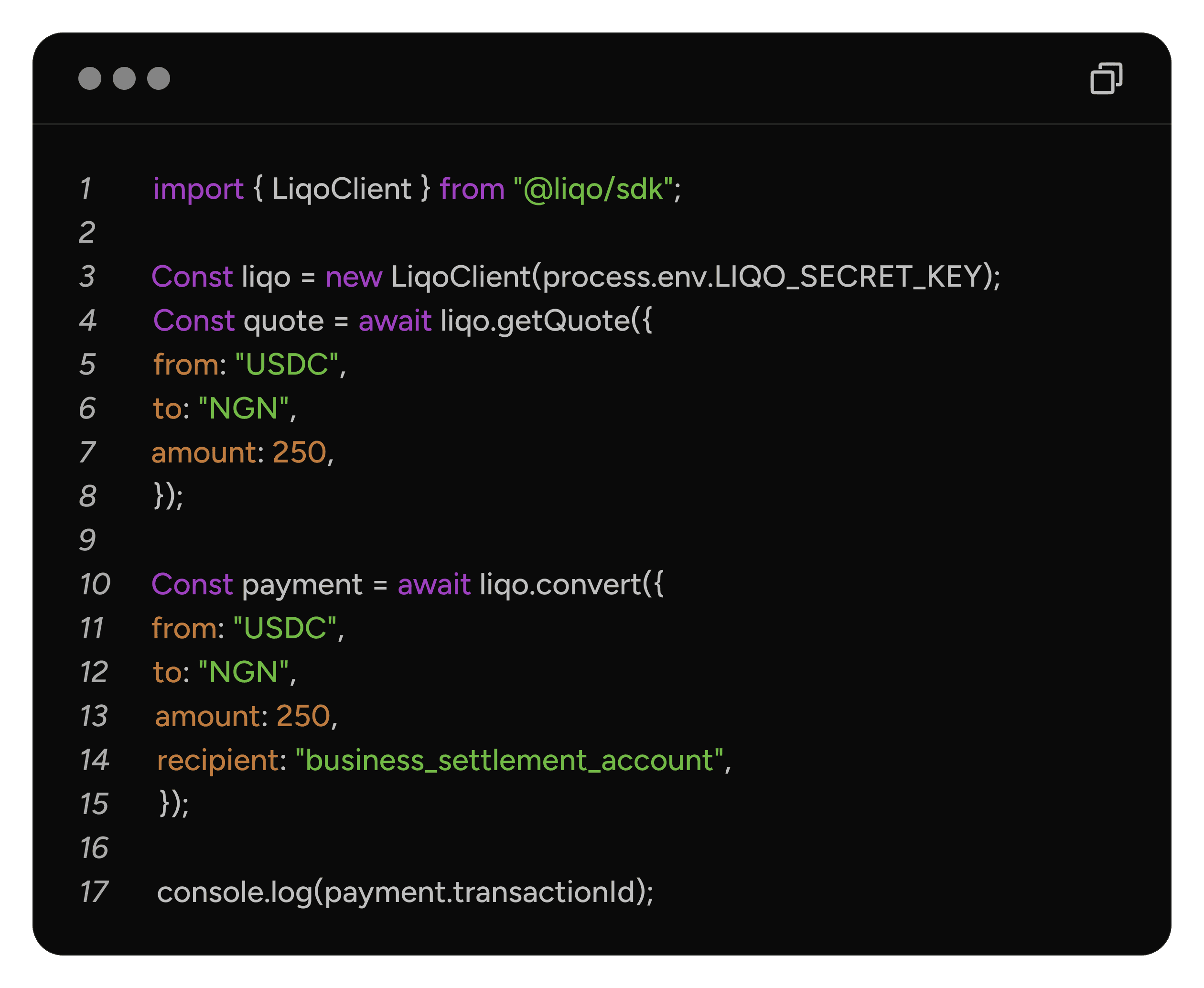 Liqo API code snippet for routing a cross-border payment